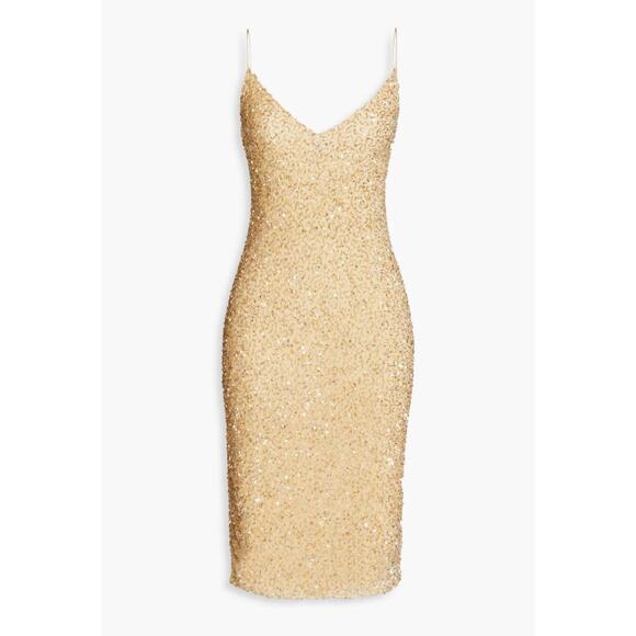 Retrofete Billie Sequin Midi V Neck Body Cone Dress Gold Cream Size XL NWT - Picture 3 of 11